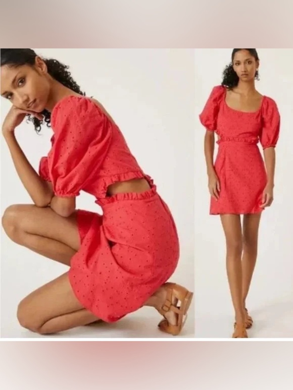 Anthropologie Hutch Red Eyelet Puff-Sleeve Mini Dress